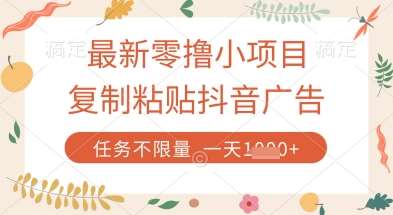 最新零撸小项目，复制粘贴抖音广告即可挣钱，平台大水，任务不限量，一天数张【揭秘】-宇文网创