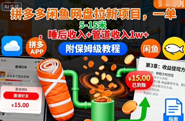 拼多多闲鱼网盘拉新项目，一单5-15米，睡后收入+管道收入1w+（附保姆级教程）-宇文网创