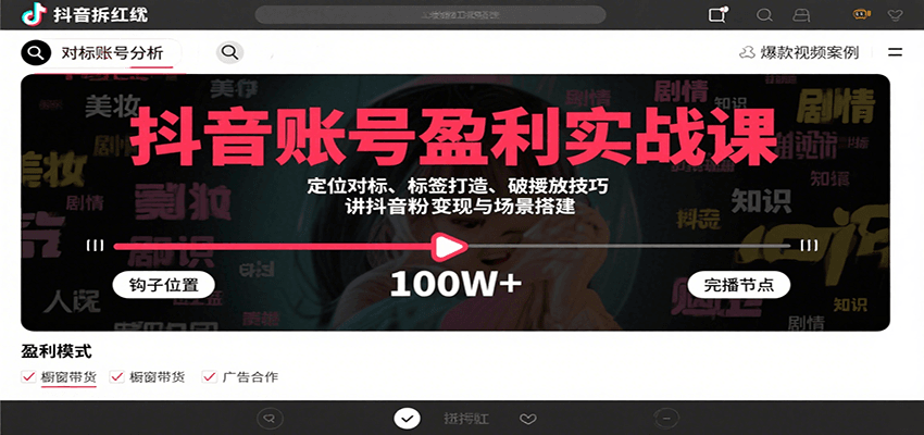 抖音账号盈利实战课，定位对标、标签打造、破播放技巧，讲涨粉变现与场景搭建-宇文网创