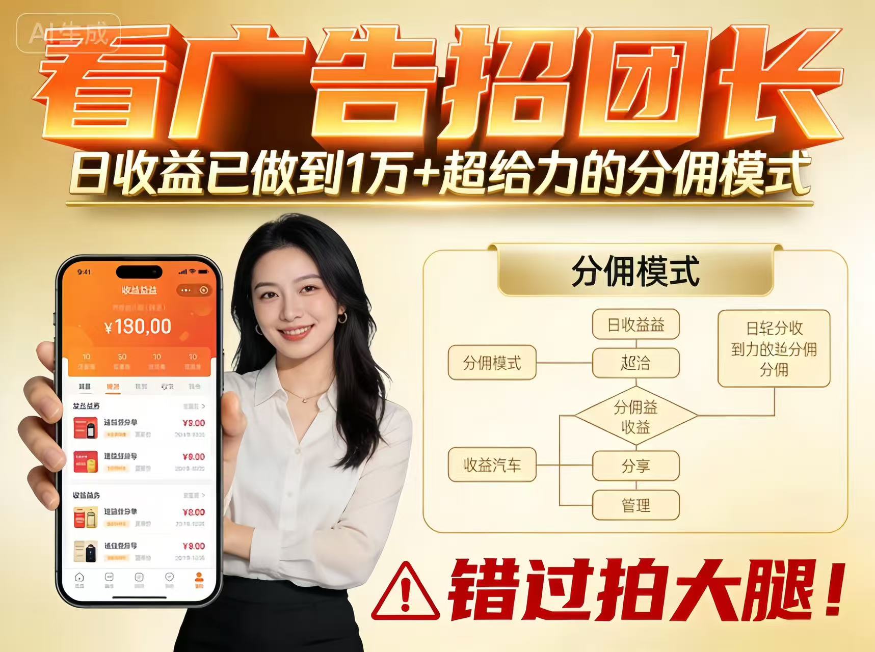 看广告招团长，团队收益已做到日入1万，分佣模式超给力，错过拍大腿-宇文网创