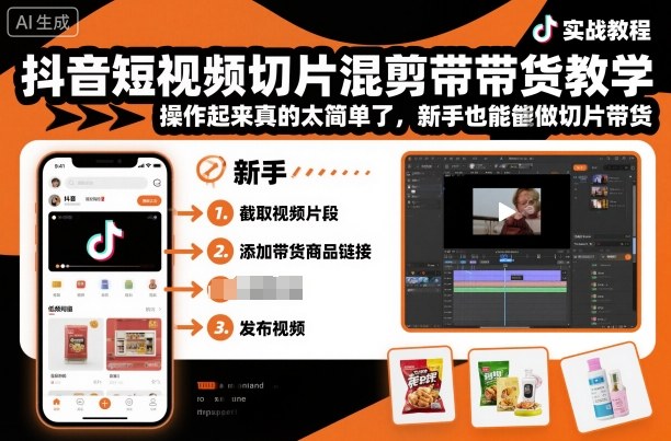 抖音短视频切片混剪带货教学，操作起来真的太简单了，新手也能做切片带货-宇文网创