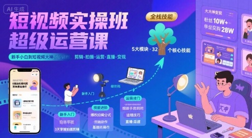 短视频实操班超级运营课，新手小白到短视频大神必修课程，剪辑-拍摄-运营-直播-变现-宇文网创