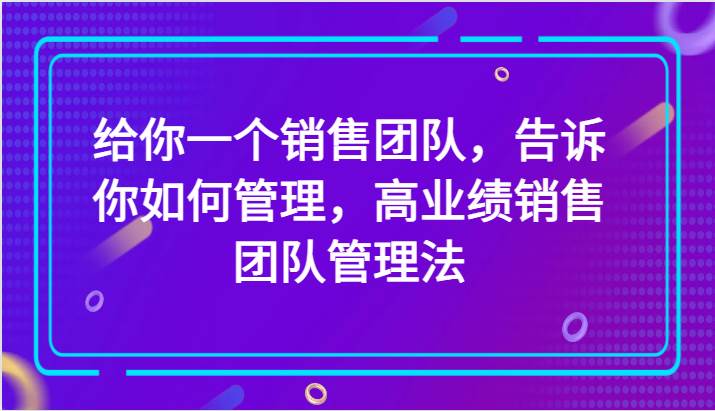 给你一个销售团队，告诉你如何管理，高业绩销售团队管理法（89节课）-宇文网创