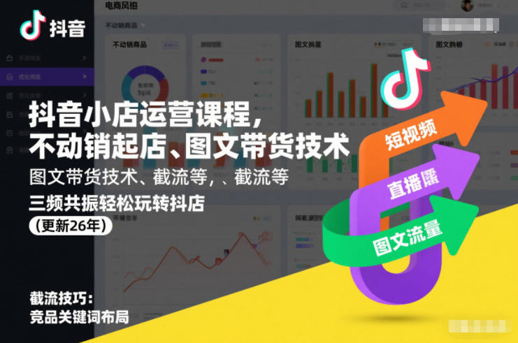 抖音小店运营课程，不动销起店、图文带货技术、截流等，三频共振轻松玩转抖店(更新26年)-宇文网创