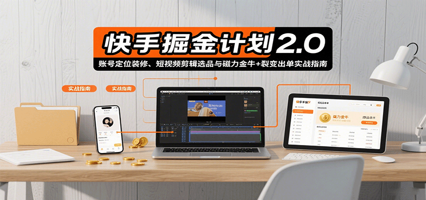 快手掘金计划2.0，账号定位装修、短视频剪辑选品与磁力金牛+裂变出单实战指南-宇文网创