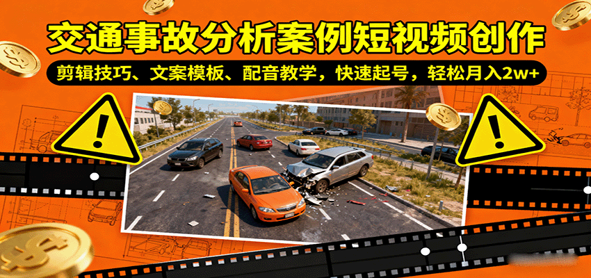 交通事故分析案例短视频创作，剪辑技巧、文案模板、配音教学，快速起号，轻松月入2w+-宇文网创