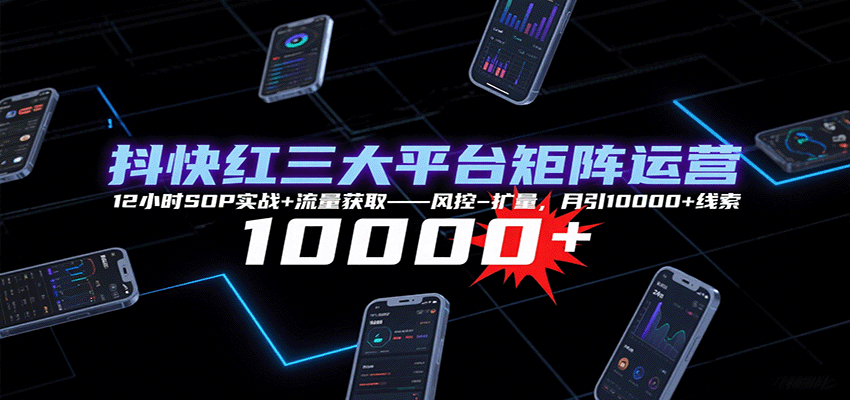 抖快红三大平台矩阵运营，12小时SOP实战+流量获取-风控-扩量，月引10000+线索-宇文网创