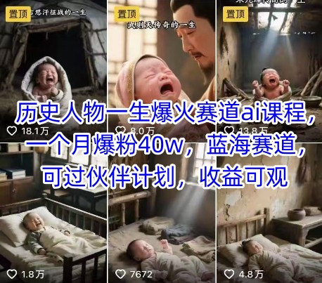 历史人物一生爆火赛道ai课程,一个月爆粉40w,蓝海赛道,可过伙伴计划,收益可观-宇文网创