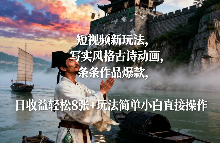 短视频新玩法，写实风格古诗动画，条条作品爆款，日收益轻松8张+玩法简单小白直接操作-宇文网创