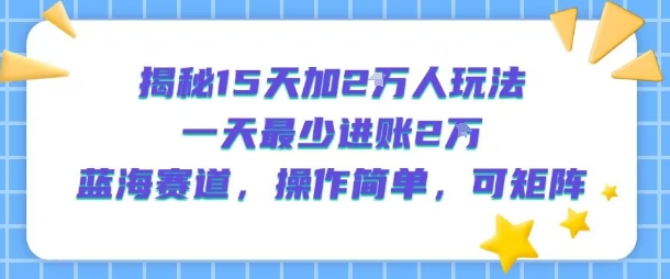 揭秘15天加2W人玩法，一天最少2万进账，蓝海赛道，操作简单，可矩阵-宇文网创