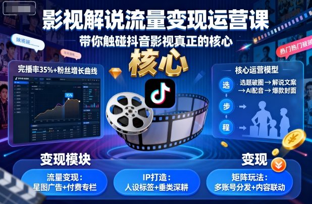 影视解说流量变现运营课，带你触碰抖音影视真正的核心-宇文网创