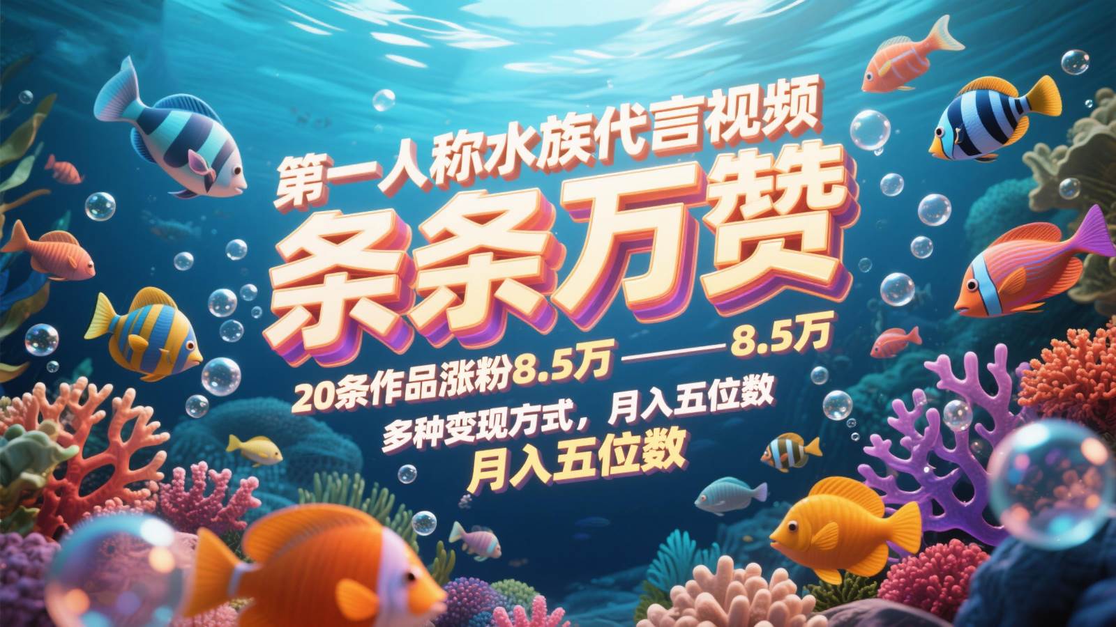 第一人称水族代言视频，条条万赞，20条作品涨粉8.5万，多种变现方式月，入五位数-宇文网创