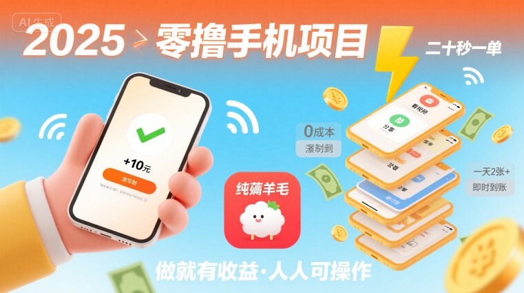 2025年零撸手机项目，二十秒一单，纯薅羊毛 一天2张+做就有-宇文网创