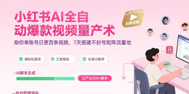 小红书AI全自动爆款视频量产术，助你单账号日更百条视频，7天搭建不封号矩阵流量池-宇文网创