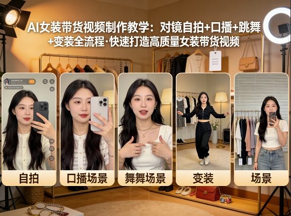 AI女装带货视频制作教学，对镜自拍、口播、跳舞、变装全流程，快速打造高质量女装带货视频-宇文网创
