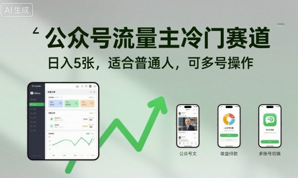公众号流量主冷门赛道，日入5张，适合普通人，可多号操作-宇文网创