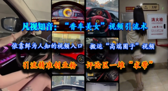 凡视知音：“香车美女”视频引流术，依靠鲜为人知的视频入口，搬运“高端圈子”视频，引流精准创业粉，评论区一堆“求带”-宇文网创