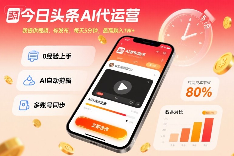 今日头条AI代运营，我提供视频，你发布，每天5分钟，最高躺入1W+【揭秘】-宇文网创