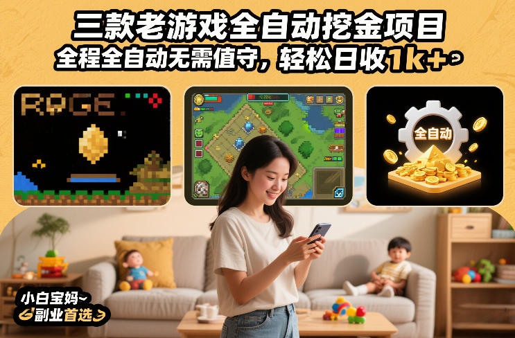 三款老游戏全自动挖金项目，全程全自动无需值守，轻松日收1k+，小白宝妈副业首选【揭秘】-宇文网创