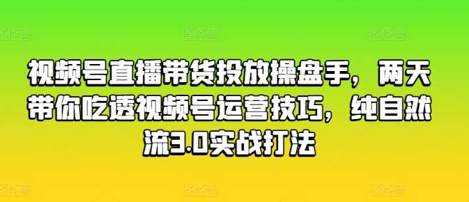 视频号直播带货投放操盘手，两天带你吃透视频号运营技巧，纯自然流3.0实战打法-宇文网创