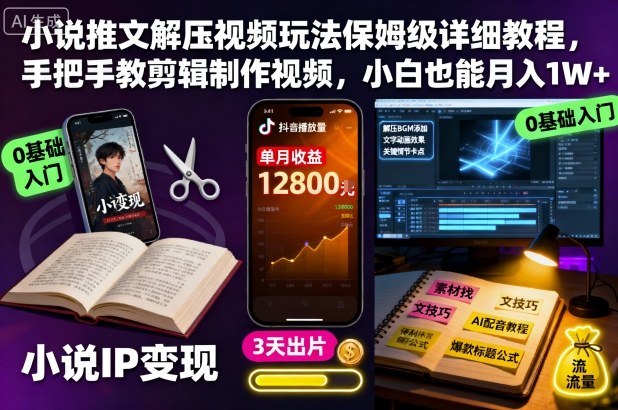 小说推文解压视频玩法保姆级详细教程，手把手教剪辑制作视频，小白也能月入1W+-宇文网创