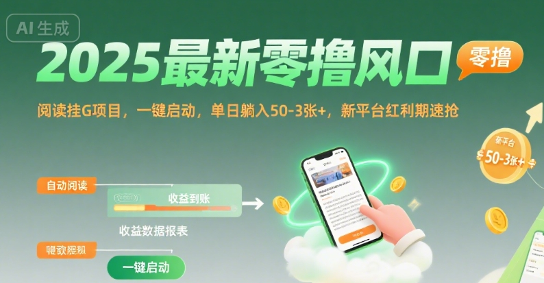 2025最新零撸风口，阅读挂G项目，一键启动，单日躺入 50-3张+，新平台红利期速抢【揭秘】-宇文网创