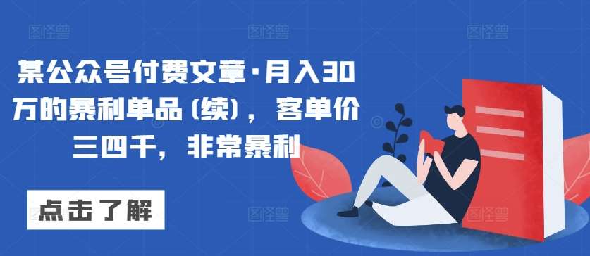 某公众号付费文章·月入30万的暴利单品(续)，客单价三四千，非常暴利-宇文网创