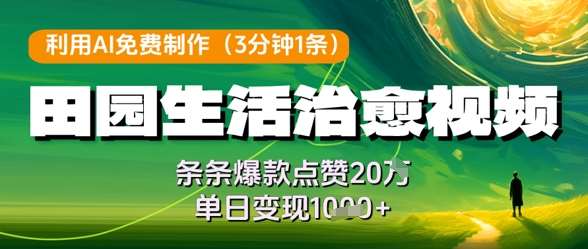利用AI免费制作田园生活治愈视频，条条爆款点赞20W，单日变现几张-宇文网创