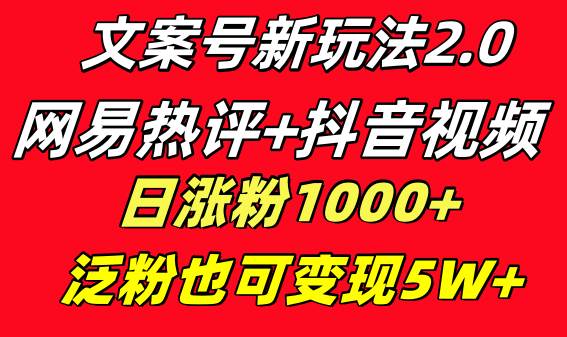 （8484期）文案号新玩法 网易热评+抖音文案 一天涨粉1000+ 多种变现模式 泛粉也可变现-宇文网创
