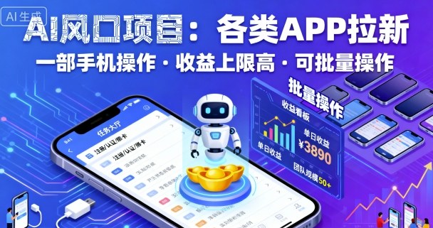 AI风口项目，各类APP拉新，一部手机就可以操作，收益上限高，可批量操作-宇文网创