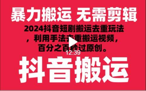 2024最新抖音搬运技术，抖音短剧视频去重，手法搬运，利用工具去重，秒过原创！-宇文网创