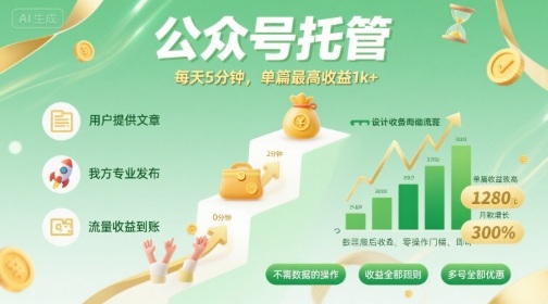 【公众号托管 】我提供文章，你发布，每天5分钟，单篇最高收益1k+【揭秘】-宇文网创