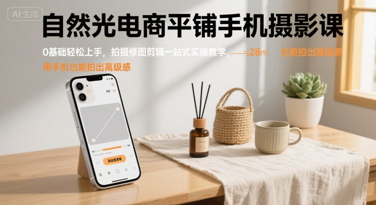自然光电商平铺手机摄影课，0基础轻松上手，拍摄修图剪辑一站式实操教学，用手机也能拍出高级感-宇文网创