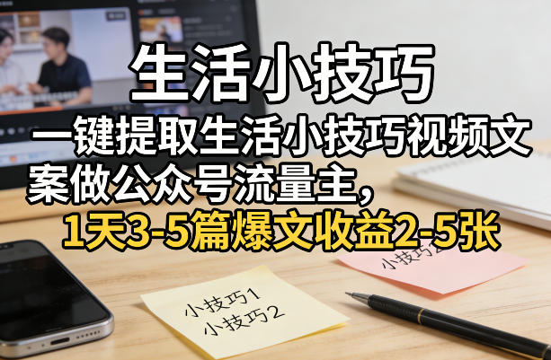 一键提取生活小技巧视频文案做公众号流量主,1天3-5篇爆文收益2-5张-宇文网创
