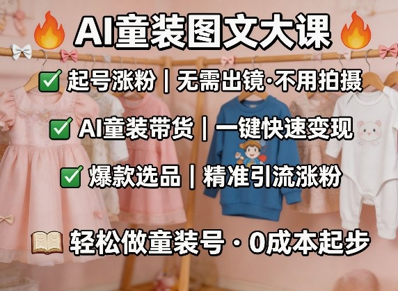 AI童装图文剪辑，某社群童装图文大课，起号涨粉、AI童装带货、爆款选品，无需出镜和拍摄-宇文网创