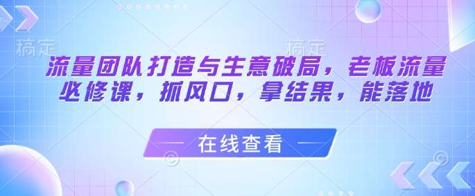 流量团队打造与生意破局，老板流量必修课，抓风口，拿结果，能落地-宇文网创