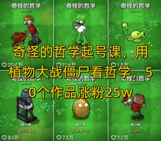 奇怪的哲学起号课，用植物大战僵尸看哲学，50个作品涨粉25w，暴力撸收益，全平台均可发布-宇文网创