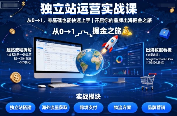 独立站运营实战课，​从0到1，零基础也能快速上手，开启你的品牌出海掘金之旅-宇文网创