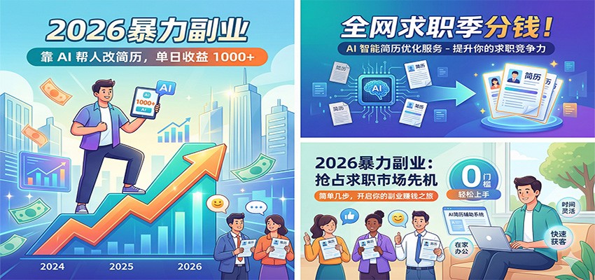 2026暴力副业：靠AI帮人改简历，单日收益1000+，全网求职季分钱-宇文网创