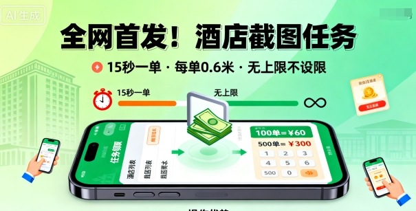 全网首发！酒店截图任务，15秒一单，每单0.6米，任务无上限不设限，矩阵操作单日3张到手【揭秘】-宇文网创