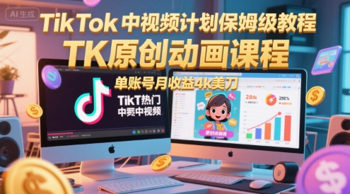 TikTok中视频计划保姆级教程，TK原创动画课程，单账号月收益4k美刀-宇文网创