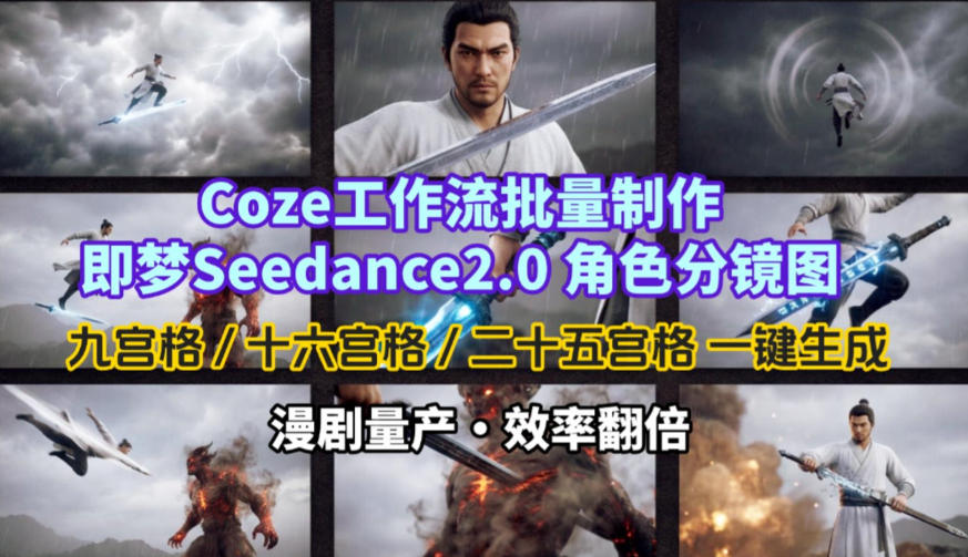 Coze工作流批量制作即梦Seedance2.0角色分镜图，九宫格-十六宫格-二十五宫格一键生成，漫剧量产，效率翻倍-宇文网创