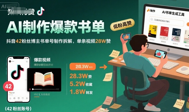 AI制作爆款书单，抖音42粉丝博主书单号制作拆解，单条视频28W赞-宇文网创