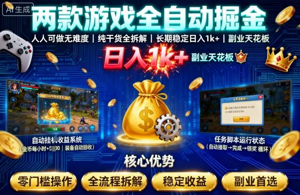 两款游戏全自动掘金，人人可做无难度，纯干货全拆解，长期稳定，日入1k+，副业天花板【揭秘】-宇文网创