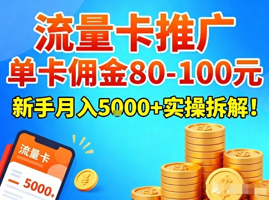 流量卡推广，单卡佣金80-100，新手月入5k+实操拆解！-宇文网创