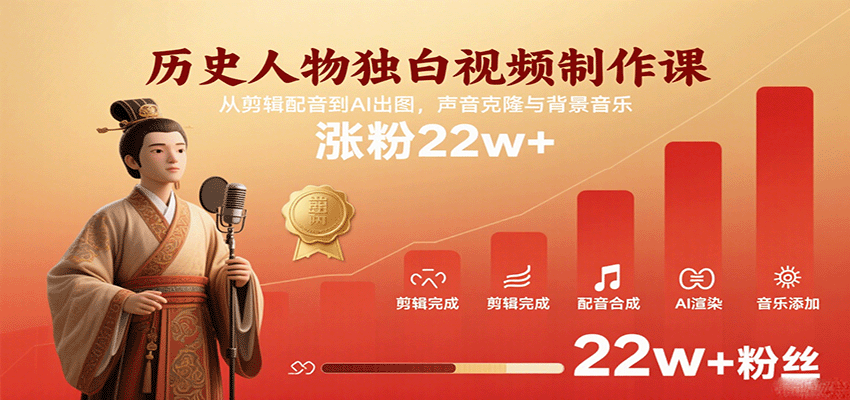 历史人物独白视频制作课，从剪辑配音到AI出图，声音克隆与背景音乐，涨粉22w+-宇文网创