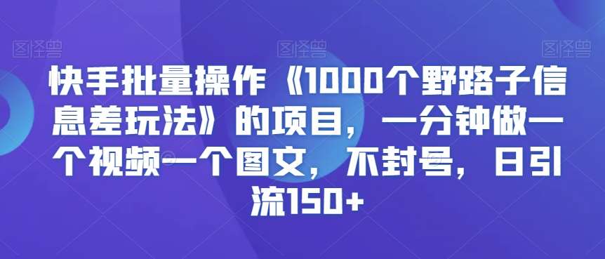 快手批量操作《1000个野路子信息差玩法》的项目，一分钟做一个视频一个图文，不封号，日引流150+【揭秘】-宇文网创