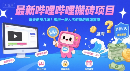 最新哔哩哔哩上B站搬砖项目，每天能挣几张？揭秘一般人不知道的蓝海赛道-宇文网创