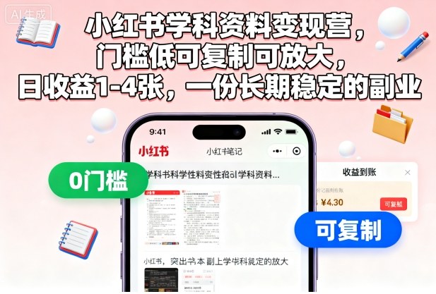 小红书学科资料变现营,门槛低可复制可放大,日收益1-4张,一份长期稳定的副业-宇文网创