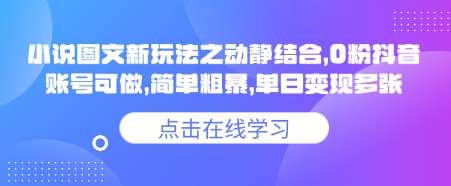 小说推文图文新玩法之动静结合，0粉抖音账号可做，简单粗暴，单日变现多张-宇文网创